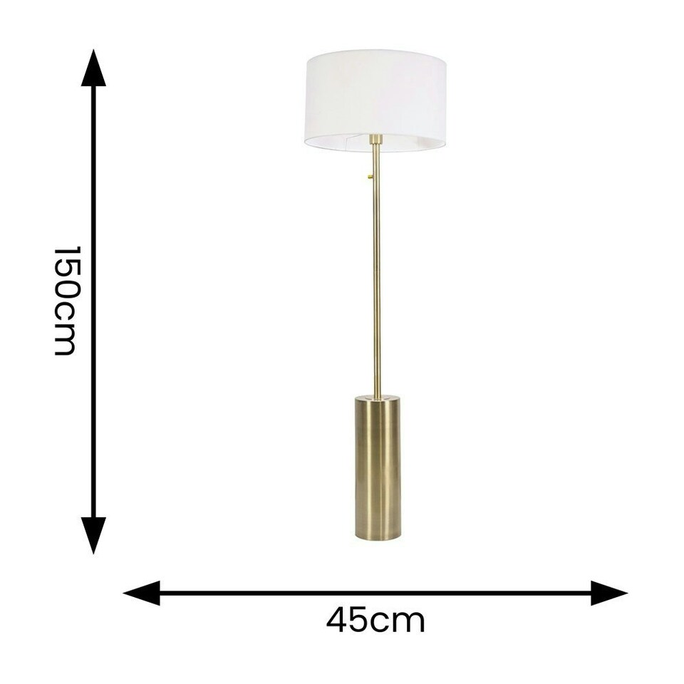 image 1 of ValueLights Lexy White Fabric Drum Shade with Antique Brass Dimmable Floor Lamp with LED Bulb