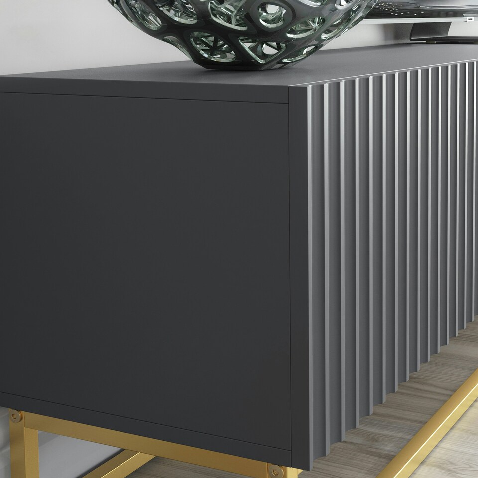 image 1 of Modular TV Unit 200cm Grey Matt with Fluted Fronts and Gold Base Grey