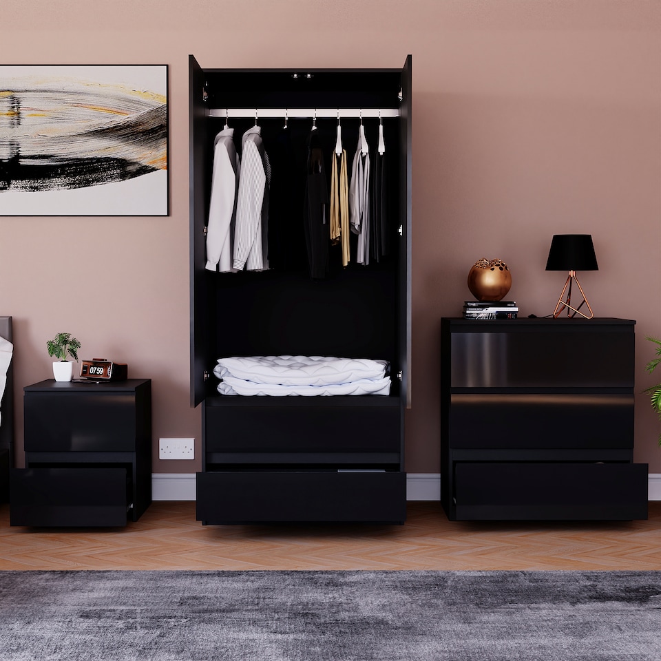image 1 of Vida Designs Glinton 3 Piece FSC Certified Bedroom Set (2 Drawer Bedside Chest, 3 Drawer Chest, 2 Door 2 Drawer Wardrobe), Black | Black | Black | L | 3