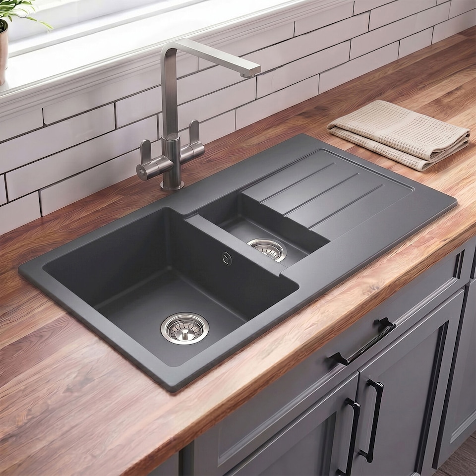 image 1 of Balterley 100cm Kitchen 1.5 Bowl Composite Inset Sink with Overflow & Reversible Drainer