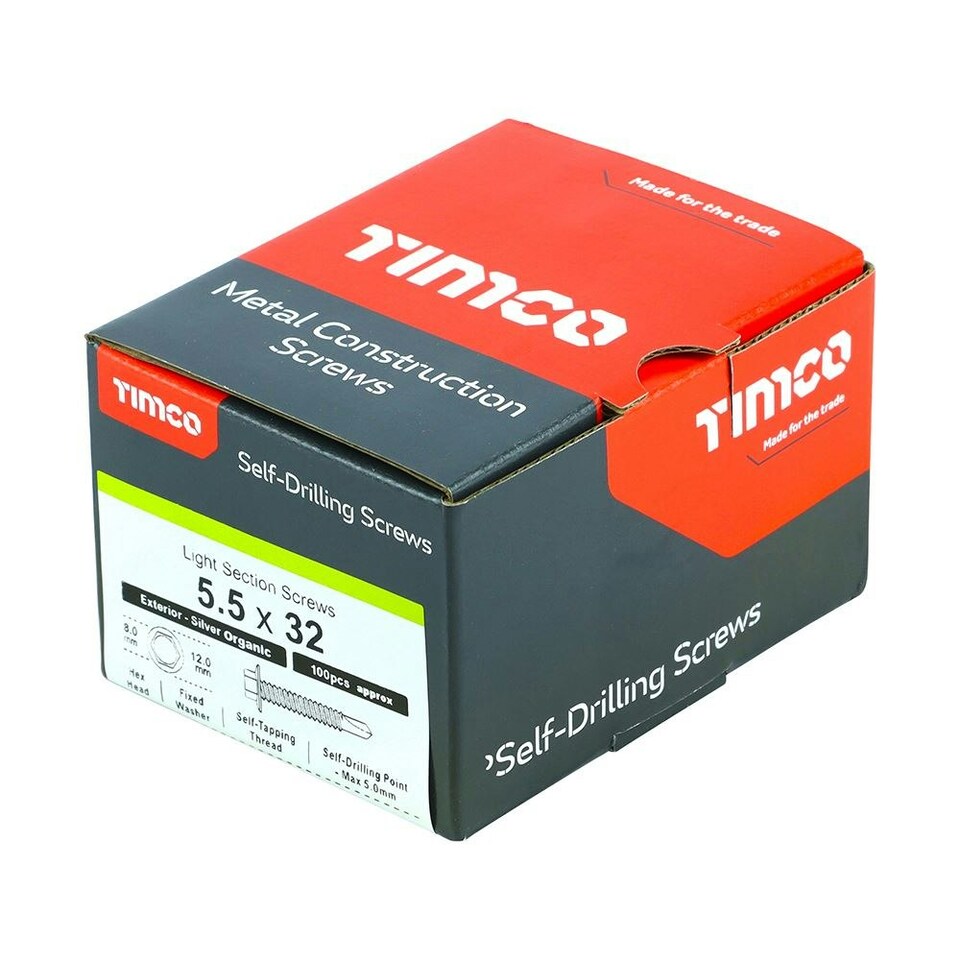 image 1 of Timco - Metal Construction Light Section Screws - Hex - Self-Drilling - Exterior - Silver Organic (Size 5.5 x 32 - 100 Pieces)