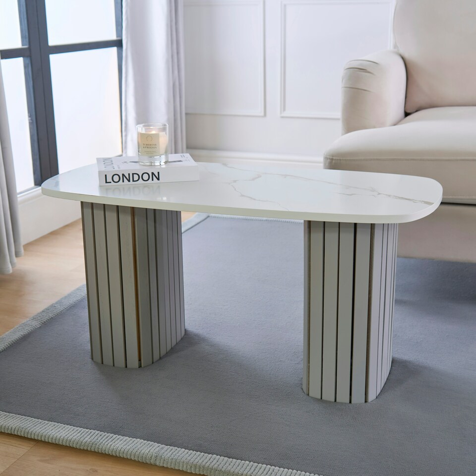image 1 of OHS Ribbed Curved Home Furniture Living Room Decor Coffee Table White | White Marble