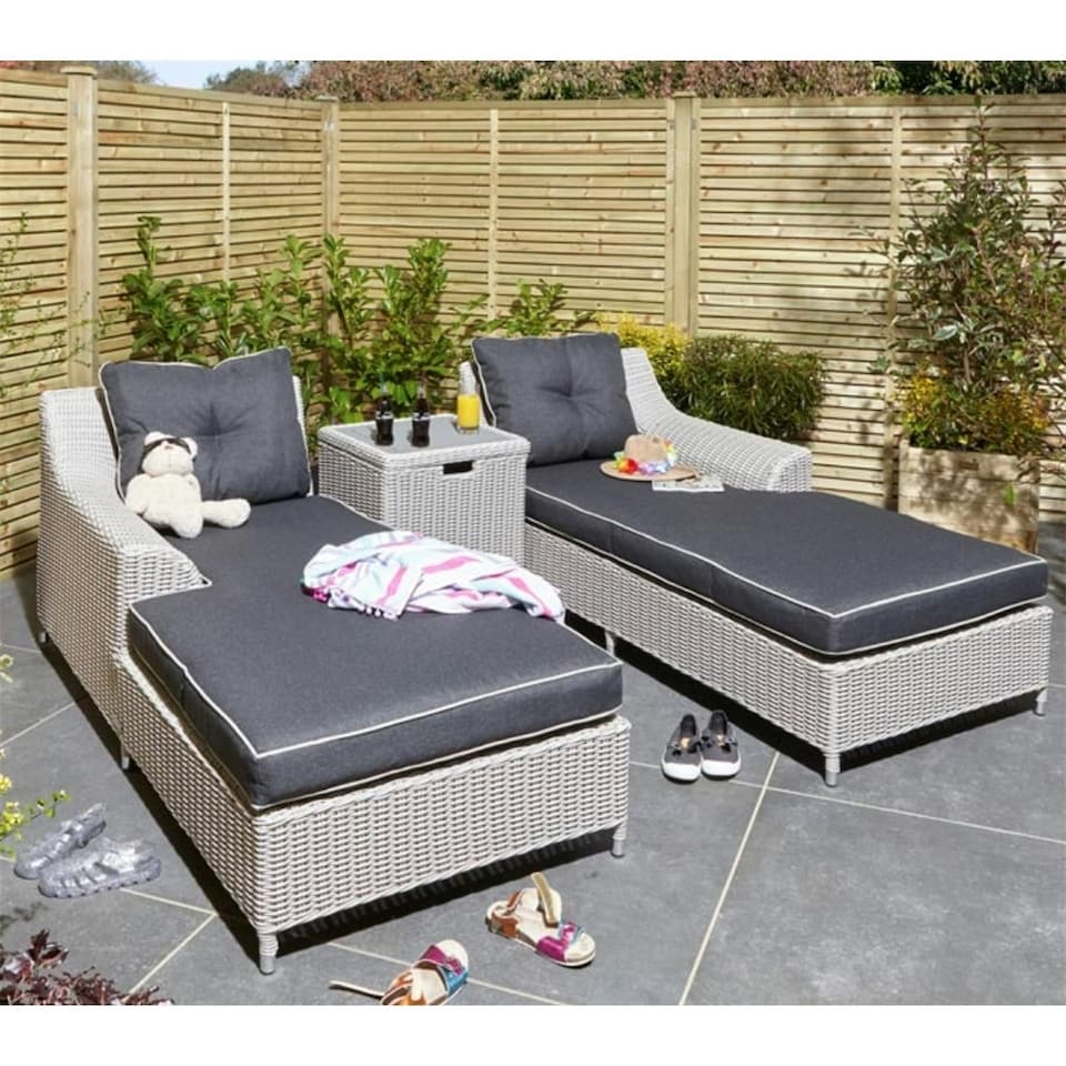 image 1 of 2 Seater Putty Grey Rattan Weave Garden Sun Lounger Set