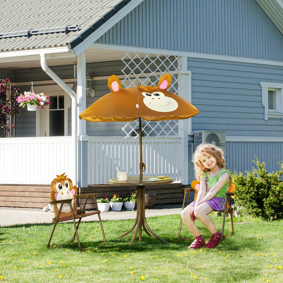 image 1 of Outsunny Kids Foldable Four-Piece Garden Set w Table, Chairs, Umbrella - Brown