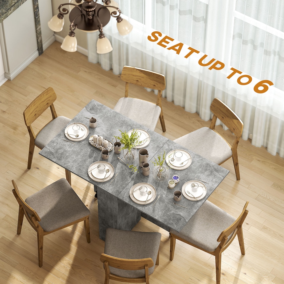 image 1 of HOMCOM Folding Dining Table, Drop Leaf Table with 2-Tier Shelves, Rolling Casters, for Small Spaces, Kitchen, Cement Grey