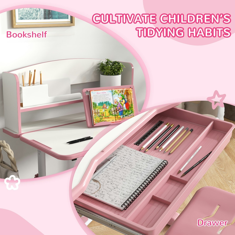 image 1 of ZONEKIZ Kids Desk and Chair Set, Height Adjustable Study Table for 6-12 Years Pink