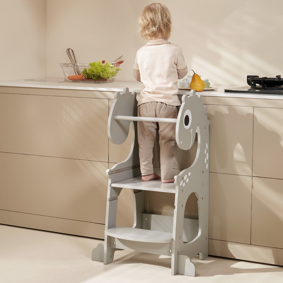 image 1 of Kidoz Toddler Learning Tower - Kitchen Helper with Safety Rail - Dinosaur Grey