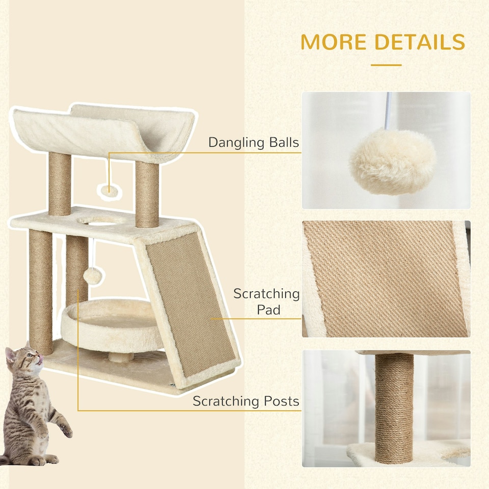 image 1 of PawHut Cat Tree Kitten Tower with Scratching Post Bed Perch Toy, Light Brown