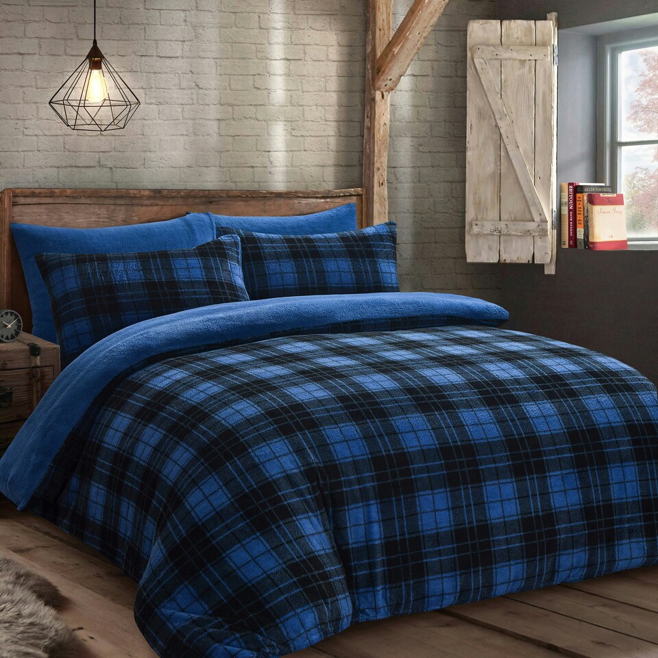 image 1 of Velosso Check Teddy Fluffy and Warm Fleece Duvet Cover Set Blue | Blue | Single