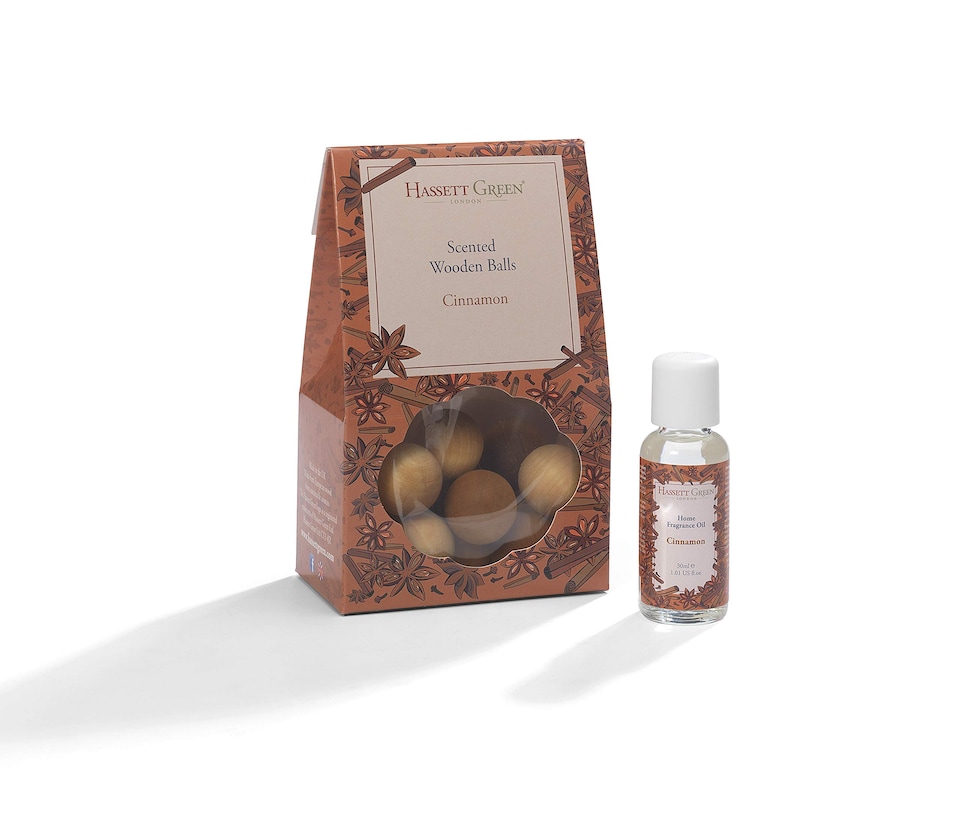 image 1 of Hassett Green London - Cinnamon - Scented Wooden Balls Pack of 12 plus 30ml Bottle of Home Fragrance Oil for Refreshing - Alternative to Pot Pourri, Diffusers, Sachets and Drawer Liners