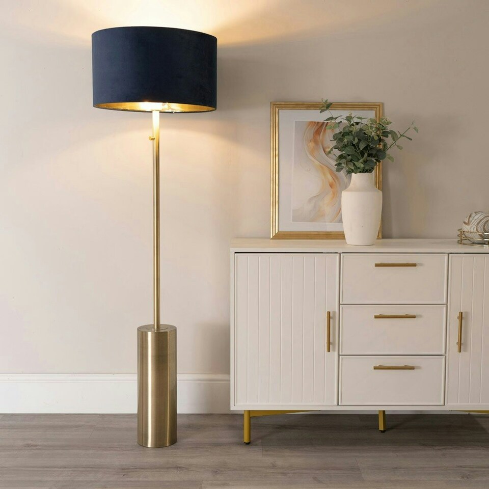 image 1 of ValueLights Lexy Gold Dimmable Floor Lamp with Navy Blue Velvet with Gold Inner Lamp Shade and LED Bulb