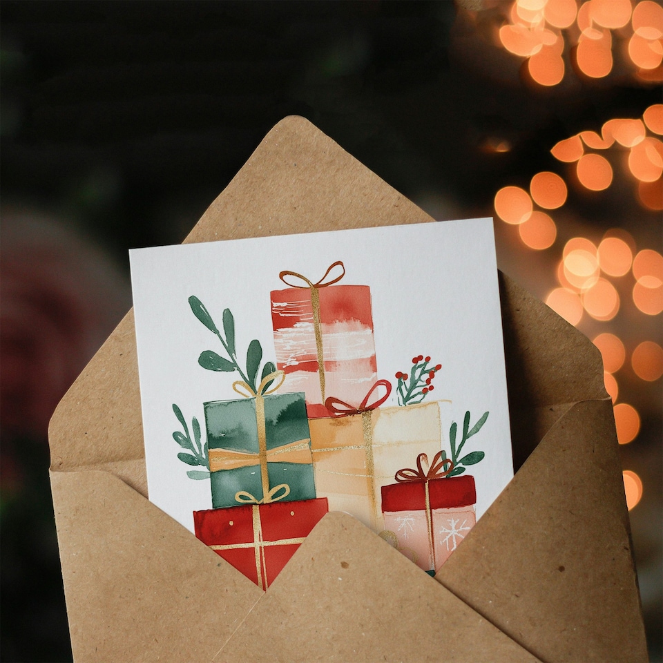 image 1 of Presents Gifts Stack Red Green Pink Blank For Him Or Her Art Xmas Festive Christmas Card