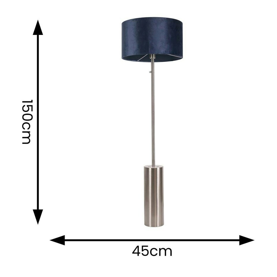 image 1 of ValueLights Lexy Navy Blue Velvet Drum Shade with Brushed Chrome Dimmable Floor Lamp with LED Bulb