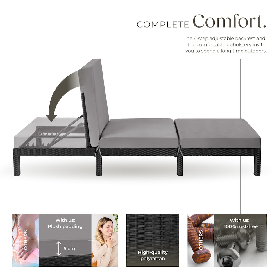 image 1 of Sun Lounger Sofia with 6-step Adjustable Backrest, Thick Padding and UV-resistant Polyrattan | Black | black | 1