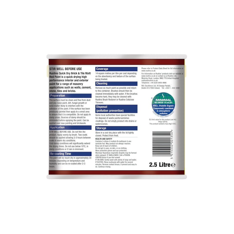 image 1 of Rustins Quick Dry Brick & Tile Matt Red Paint 2.5L