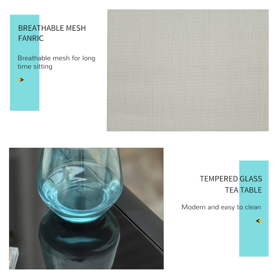 image 1 of Outsunny 3 Pieces Sun Lounger Chair Set, Metal Frame Outdoor Garden Recliner Chairs with Glass Top Side Table and Armrests for Patio, Grey