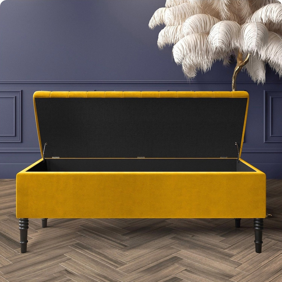 image 1 of 120cm Paris Striped Ottoman Storage Bench- Plush Velvet Shoe Bench - Mustard Gold Upholstery Footstool with Storage