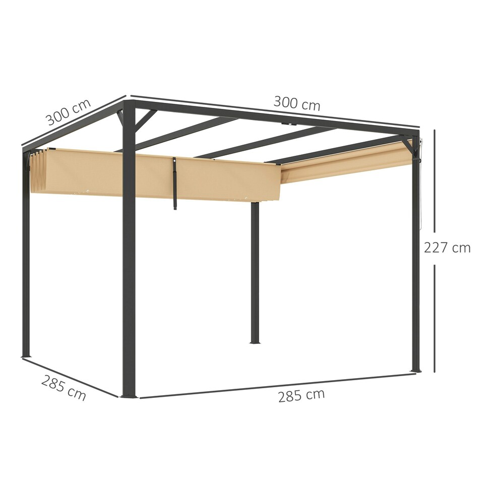 image 1 of Outsunny 3 x 3(m) Pergola with Retractable Roof & Roller Shade, Khaki