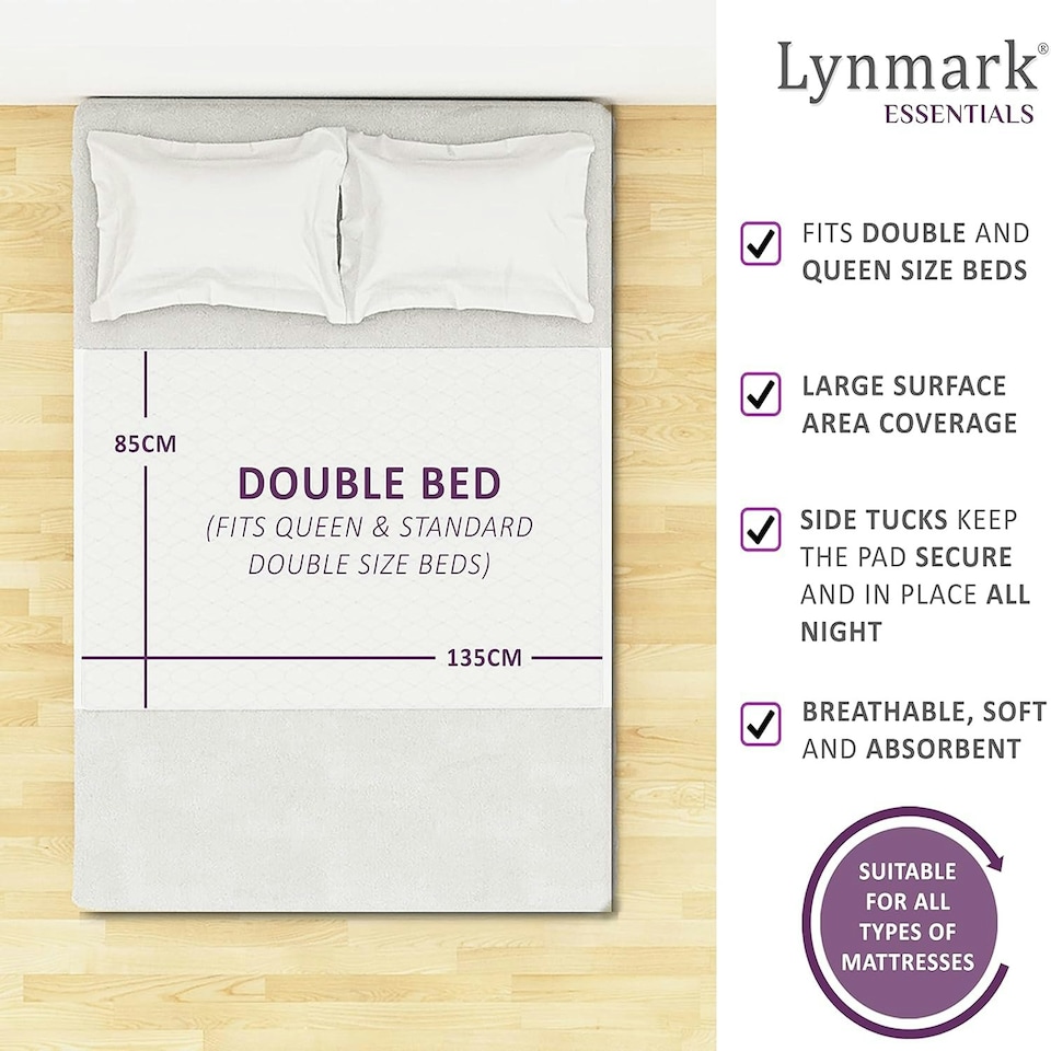 image 1 of Washable Bed Protector/Pad with Tucks - Double Bed Size, Premium Mattress Protector for Incontinence & Bed Wetting, Absorbs up to 8 Cups, 135x85 cm White White | 1 pack | Double
