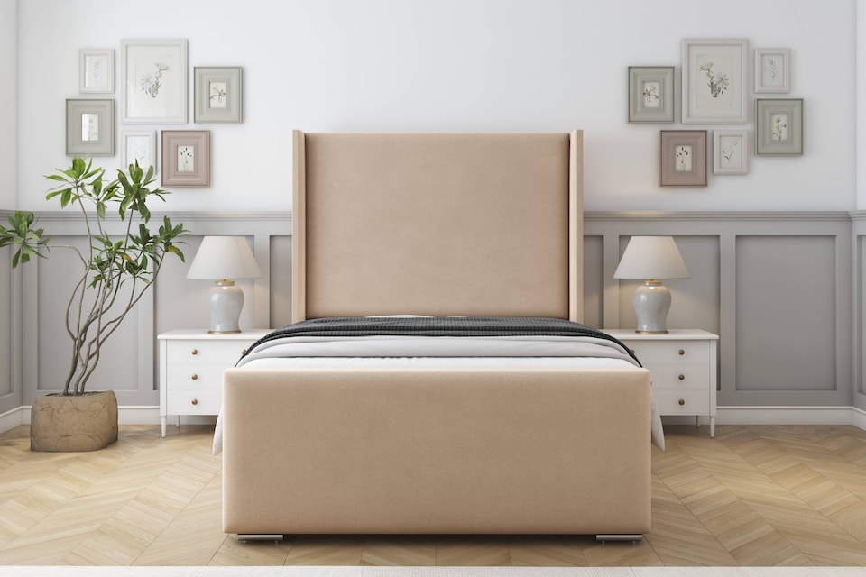 image 1 of Sloomy Devonshire Pebble Plush Bed Frame With Mattress With 50"  Upholstered Wingback Headboard 5' King