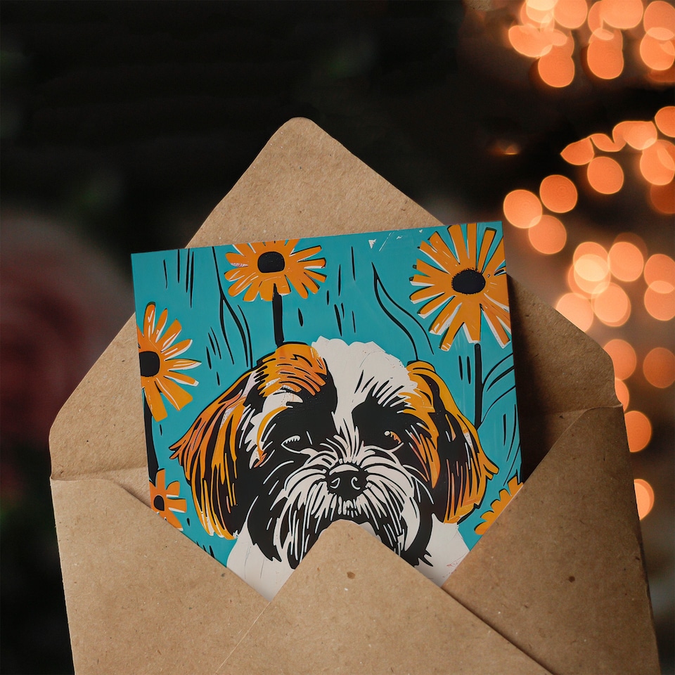 image 1 of Greeting Card Vibrant Shih Tzu Daisy Portrait Dog Lover Floral