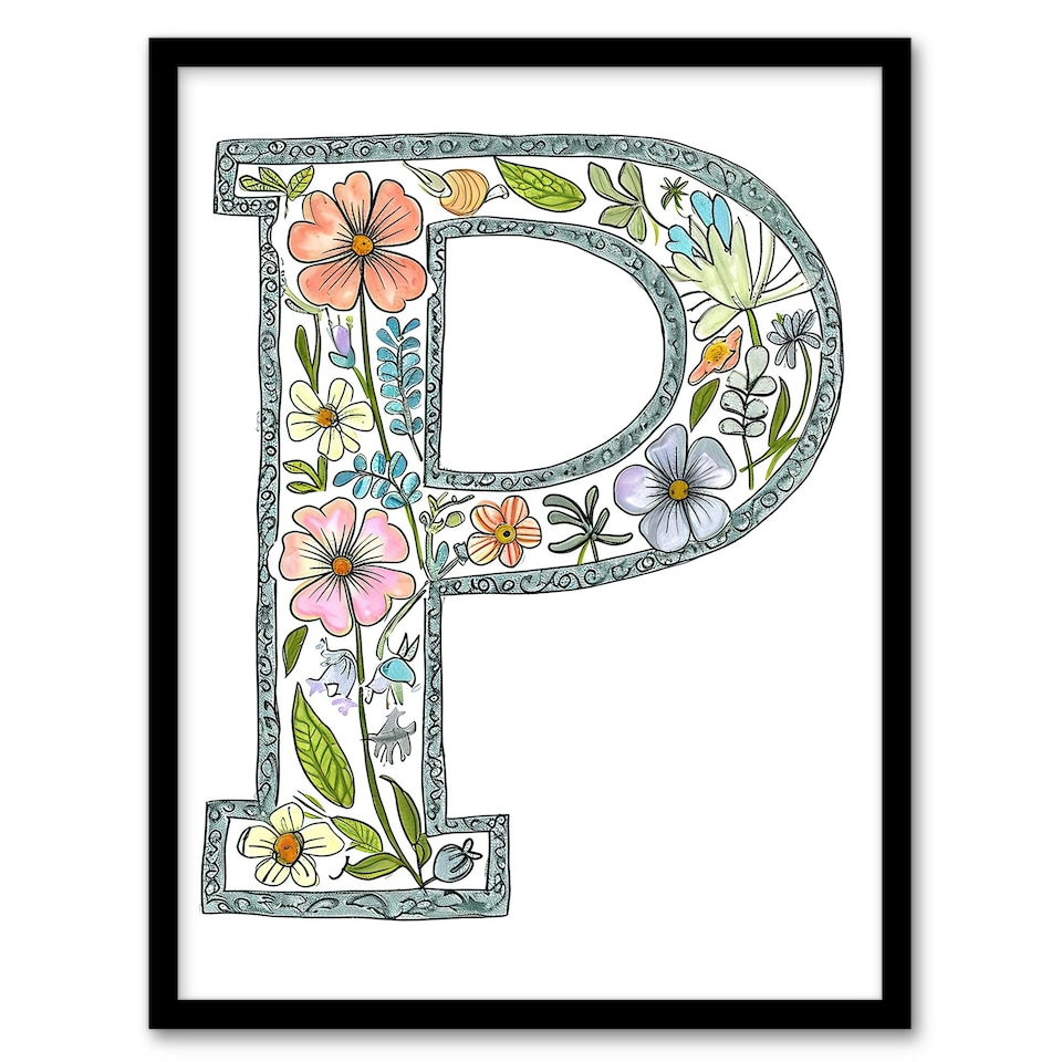 image 1 of Letter P in Flowers Spring Floral Birthday Gift Mum Black Framed Wall Art Print A4