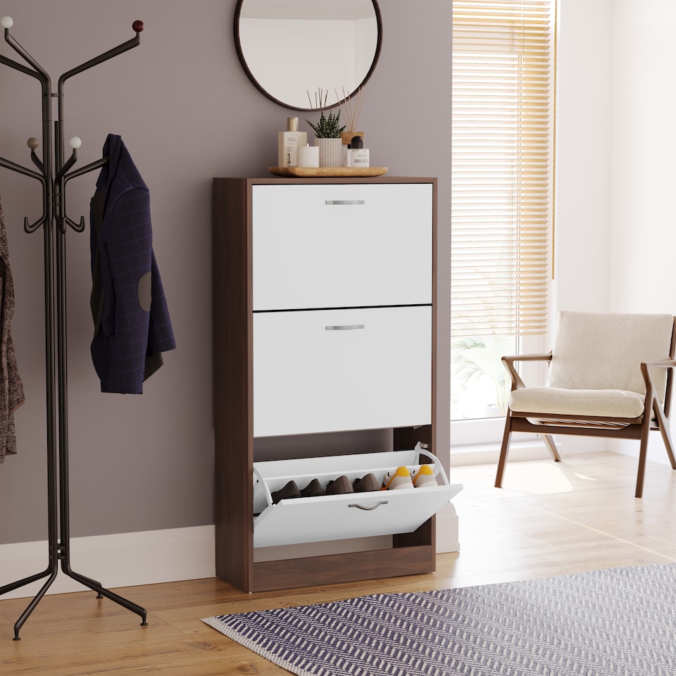 image 1 of Vida Designs 3 Drawer Shoe Cabinet Shoe Rack Storage Cupboard, Walnut & White