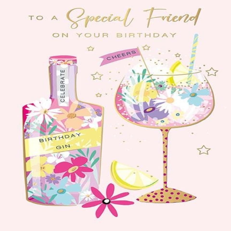 Words 'n' Wishes Traditional Special Friend Birthday Card, Gin Bottle & Glass Design, Gold Foil Finish