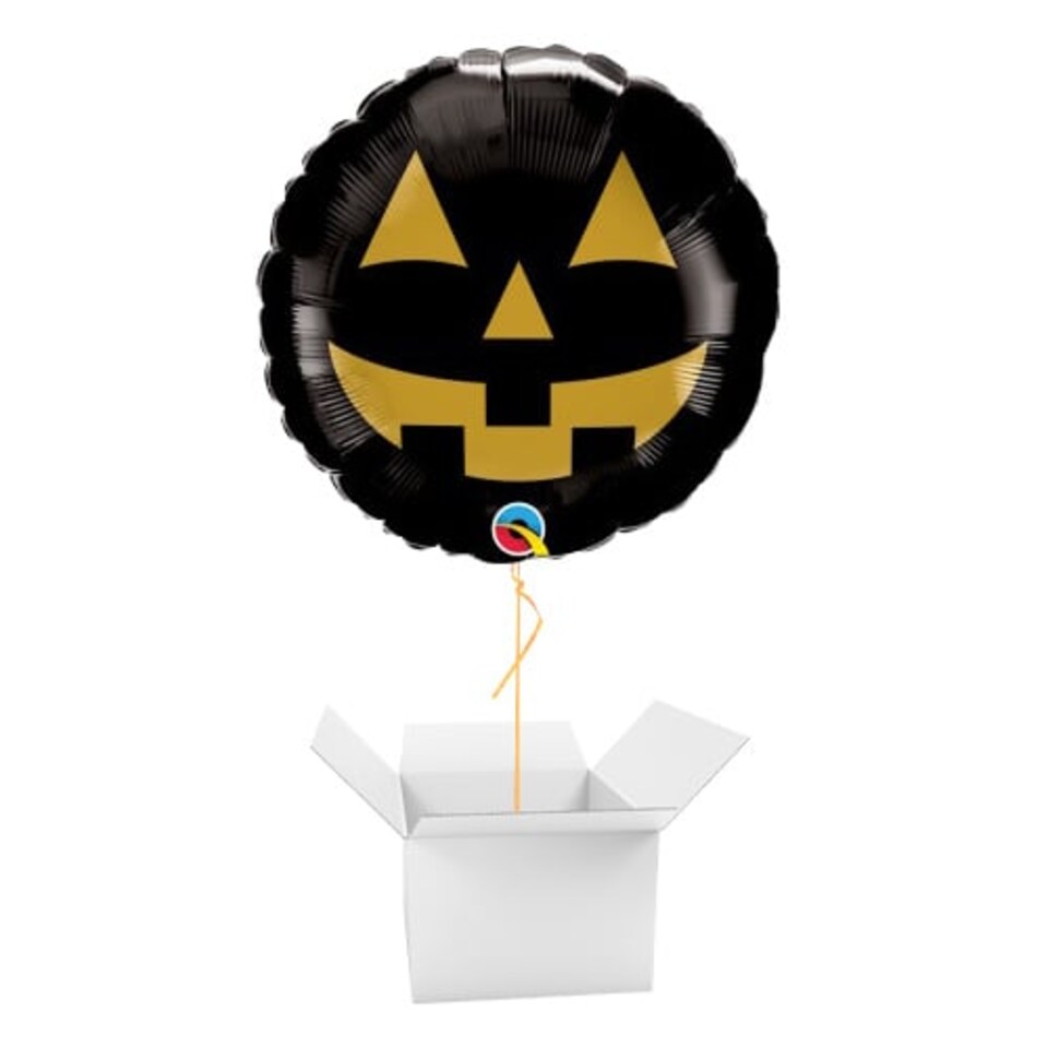 image 1 of Jack O'Lantern Face Black & Gold Halloween Round Foil Helium Balloon - Inflated Balloon in a Box