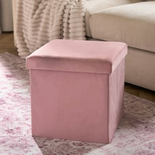 OHS Matte Velvet Soft Foldable Cube Footstool Seat Storage Organiser Ottoman Pink | Blush Pink