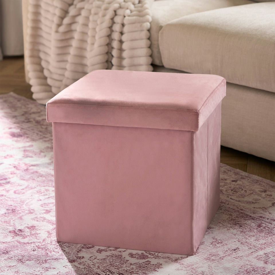 image 1 of OHS Matte Velvet Soft Foldable Cube Footstool Seat Storage Organiser Ottoman Pink | Blush Pink