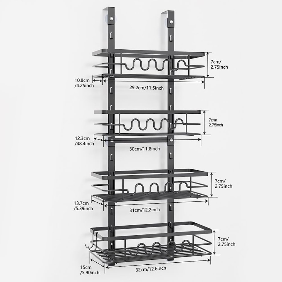 image 1 of London Boutique 4-Tier Black Over the Door Organizer for Bathroom & Kitchen Adjustable Multi-Tier Storage Shelf (W)32cm (D)15cm