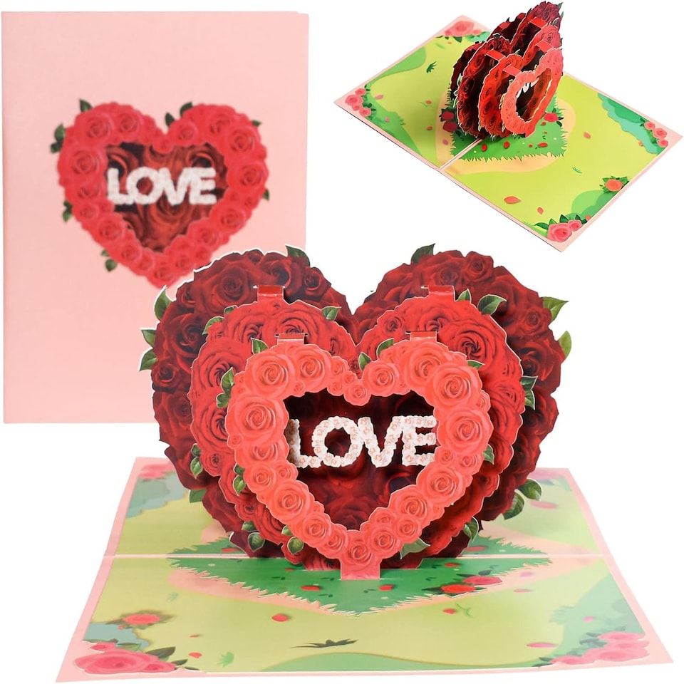 image 1 of Triple Rose Heart "LOVE" 3D Pop Up Greeting Card