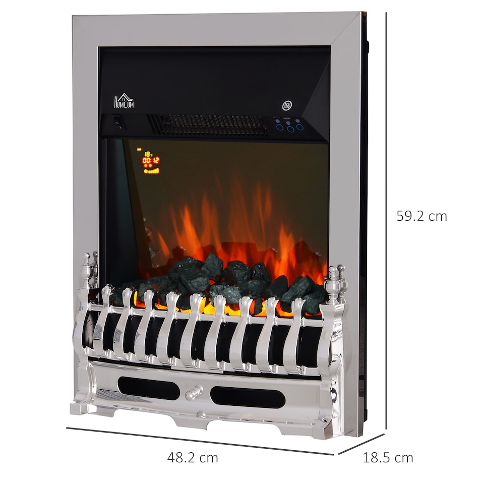 image 1 of HOMCOM Contemporary Electric Fireplace Coal Burning Flame Effect Inset Fire Place Space Heater Glass View LED Lighting with Remote Control, 1000W2000W, Silver