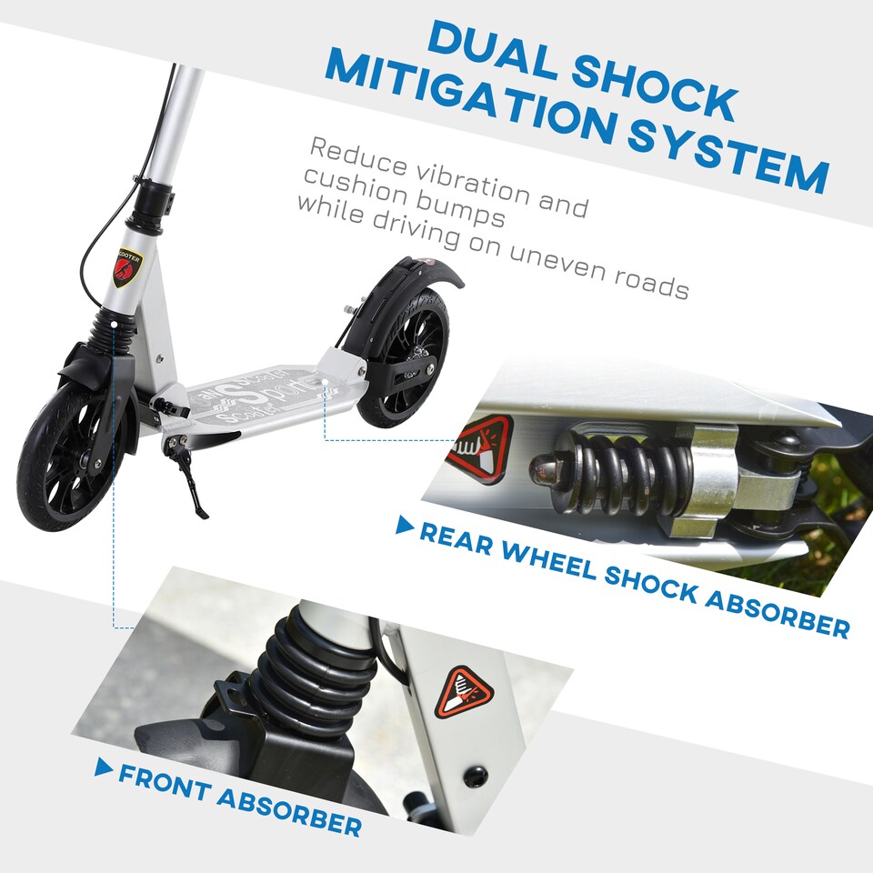 image 1 of HOMCOM Adult Teens Kick Scooter Foldable Height Adjustable Aluminium Ride On Toy for 14 older with Rear Wheel & Hand Brake, 200mm Big Wheels, Shock Mitigation System - Silver