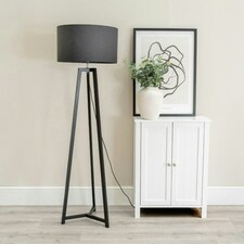 ValueLights Lottie Black Wood Tripod Floor Lamp with Charcoal Fabric Drum Shade and LED Bulb
