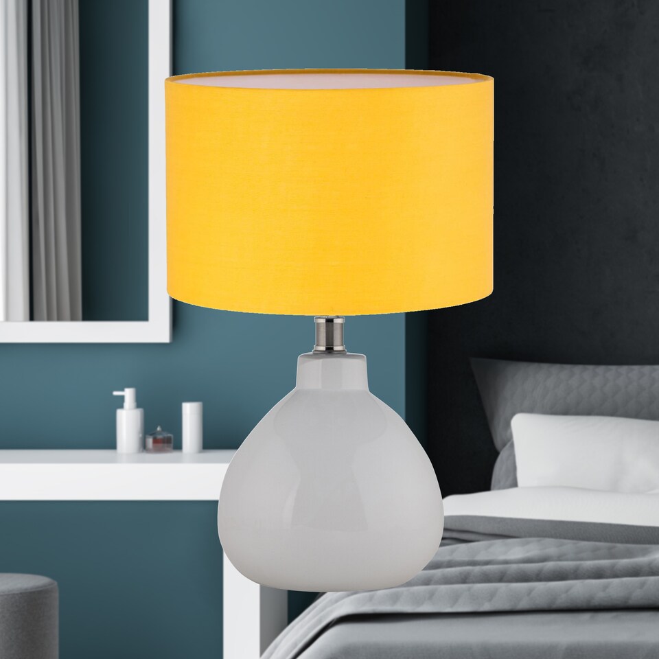 image 1 of Set of 2 Tuscan - White Ceramic Lamps with Ochre Shade | White | Yellow | Medium | 2