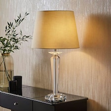 ValueLights Modern Clear Genuine K9 Crystal Base Table Lamp With Beige Shade