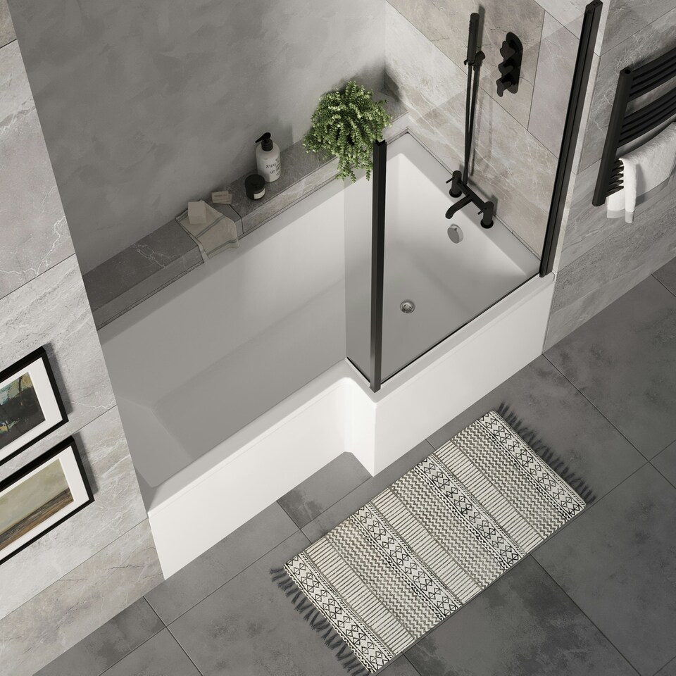 image 1 of 1700mm Right Hand L Shape Bathtub, Front Panel with Bath Screen - Satin Black Profile White
