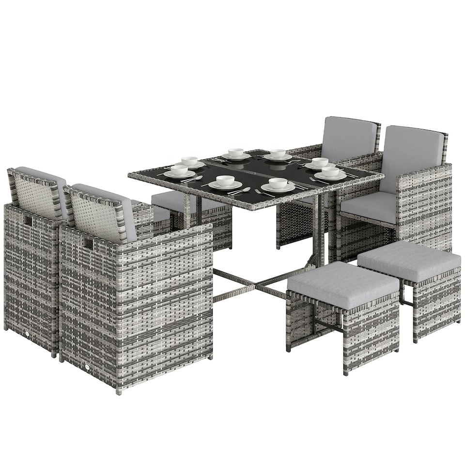 image 1 of Outsunny 8 Seater Cube Rattan Garden Dining Set with Cushions, Grey