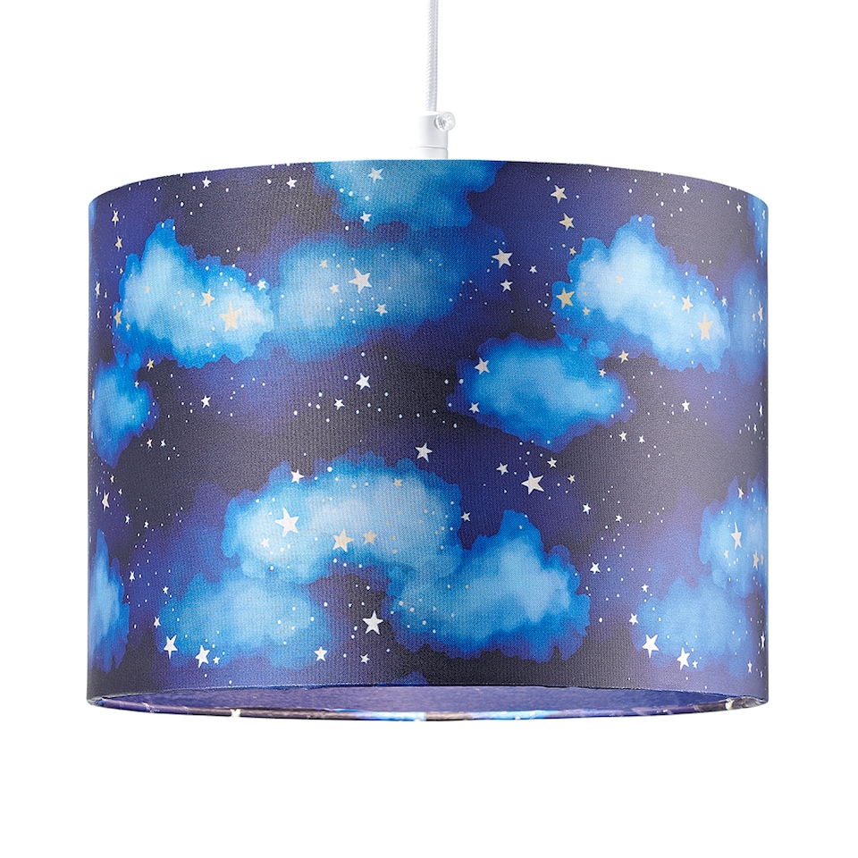 image 1 of Modern Navy Blue Childrens Lamp Shade with Bright Gold Stars and White Clouds | Blue | 10"