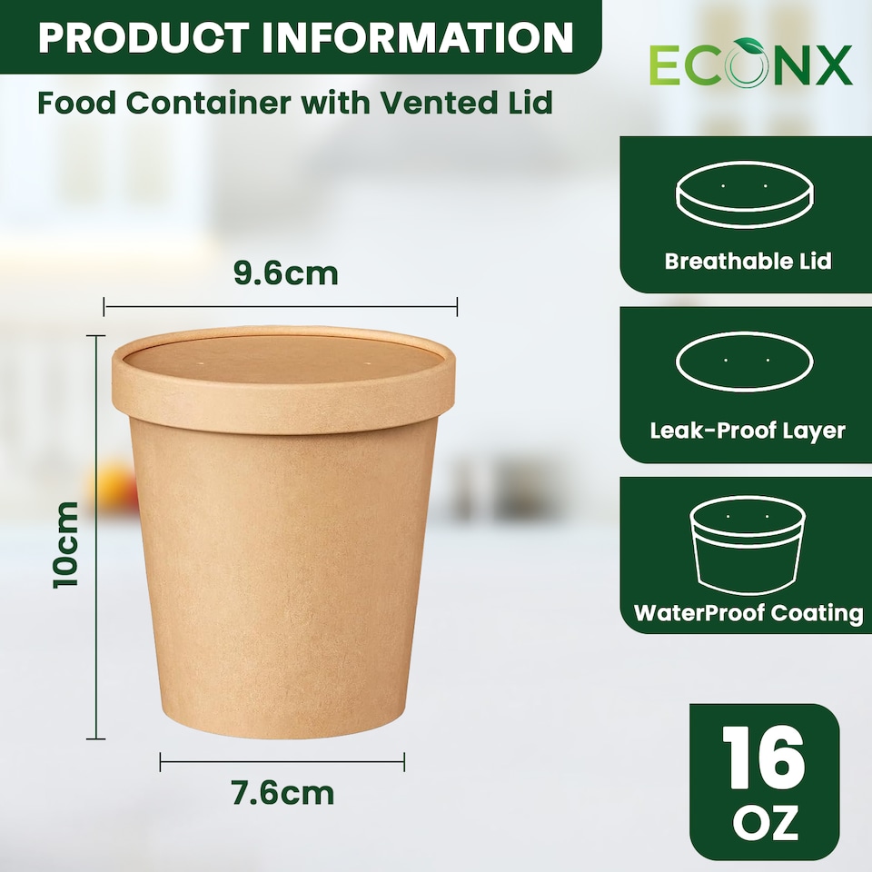 image 1 of ECONX 16oz Disposable Soup Containers with Lids Paper Bowl Takeaway Tubs for Hot or Cold Food 25pc