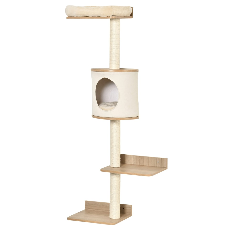 image 1 of PawHut Wall-Mounted Cat Tree Shelter with Cat House, Bed Beige
