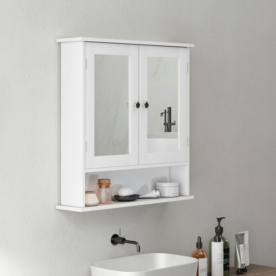 image 1 of kleankin Wall Mounted Mirror Cabinet W/ Double Mirror Doors & Shelf | White | 56L x 13W x 58H cm