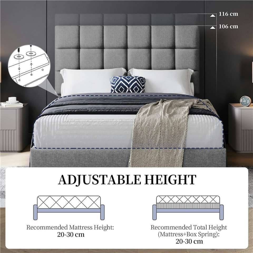image 1 of Yaheetech 135 cm W x 190 cm L Upholstered Bed Frame Light Grey