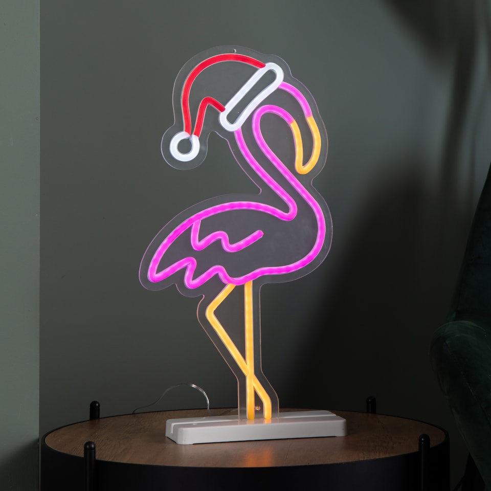 image 1 of 43cm Light up Neon Effect Flamingo with Santa Hat on Base with Multi-Coloured LEDs