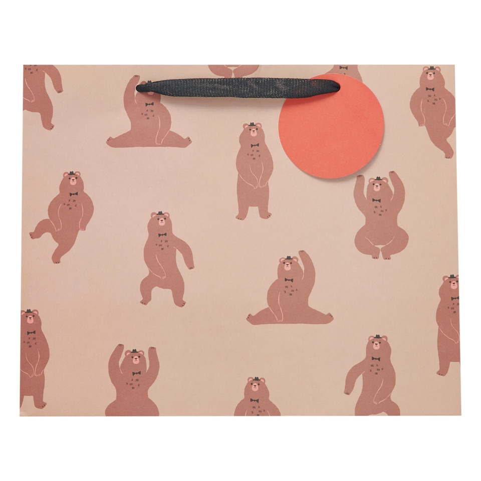 image 1 of Multipack of 3 Large Gift Bags | Party Bags for Presents | Birthdays | For Him/Her/Kids | Dancing Bear Design Brown