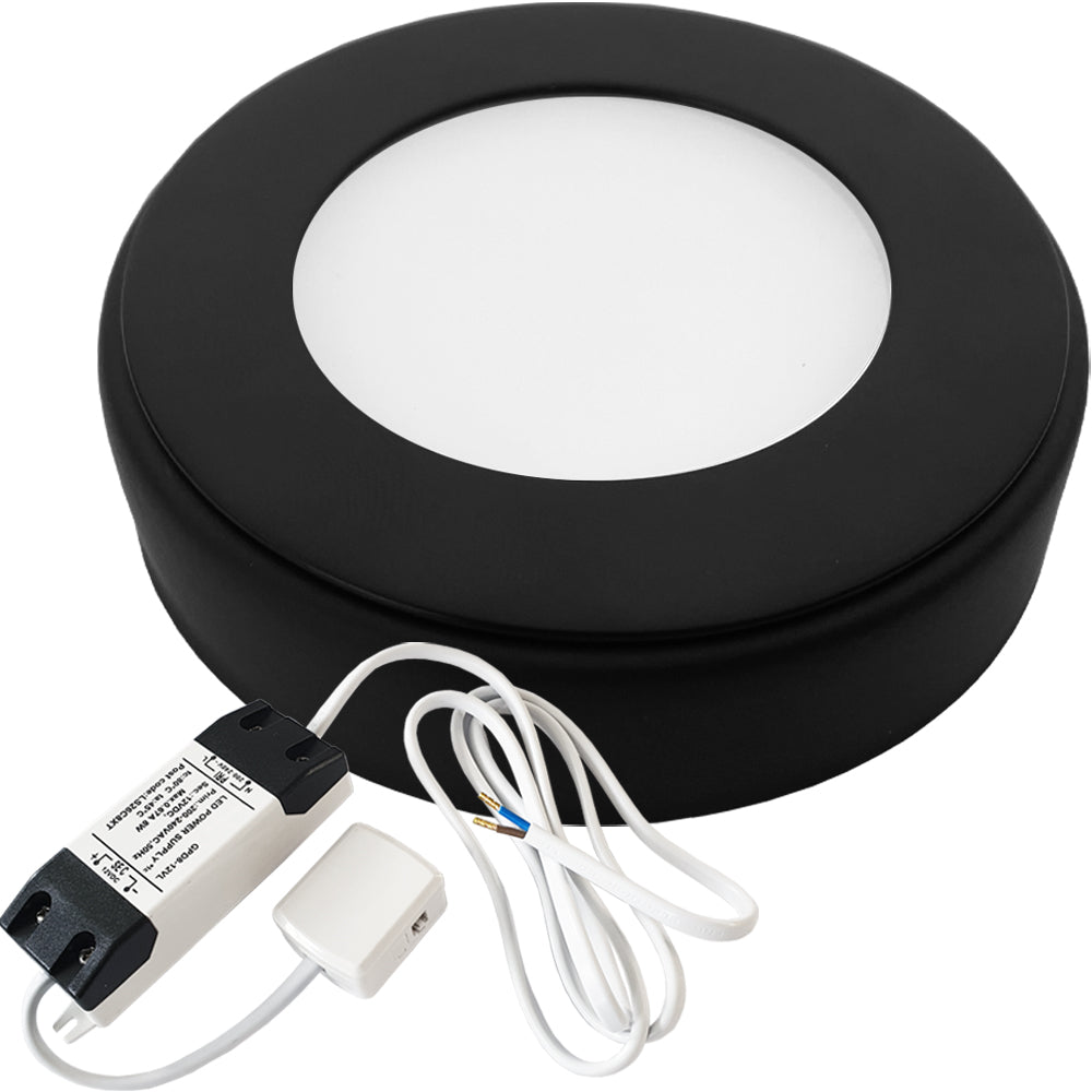 Loops 1x MATT BLACK Round Surface or Flush Under Cabinet Kitchen Light & Driver Kit - Natural White LED