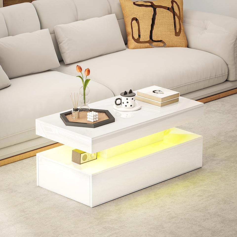 image 1 of HOMCOM LED Coffee Table with Storage, Modern High Gloss Living Room Table with 2 Drawers, Open Shelf and Remote Control, White