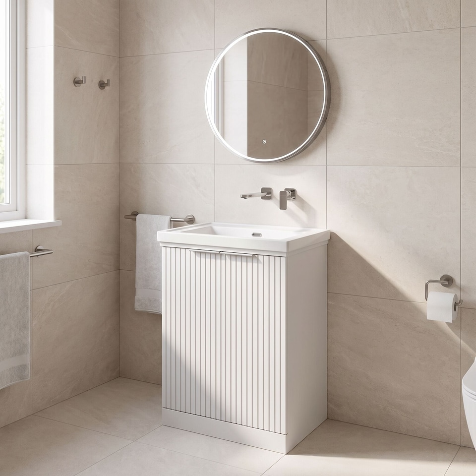 image 1 of Balterley Callingwood Contemporary Floor Standing 2 Door Vanity Unit with Traditional 0 Tap Hole Fireclay Basin , 600mm, Matt White